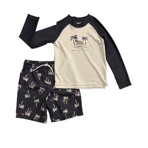 NWT Carter's Rashguard Swim Shorts Trunks Black Beige 2-Piece UPF 50 Size 5T